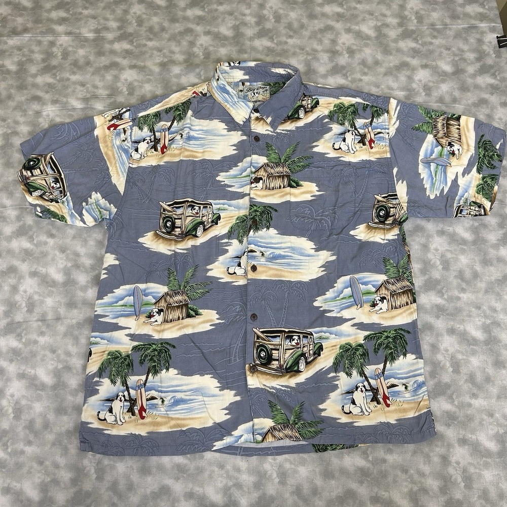 Big Dogs Shirt‎ Adult XL Blue Classic Cars Palm Surf Hawaiian